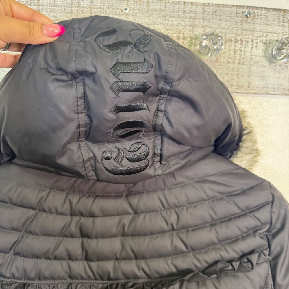 Juicy Couture Black Puffer Faux Fur Removable Hood Medium Y2K Gold Zip - Picture 4 of 16